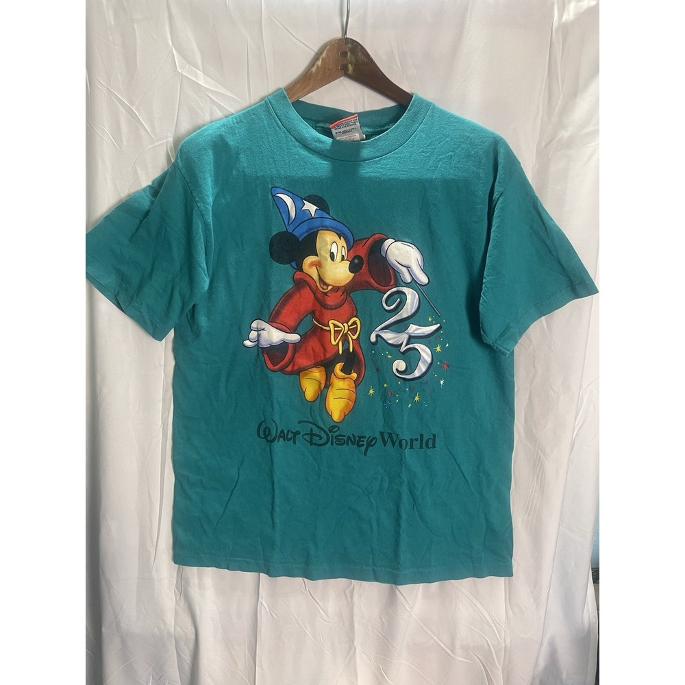 *VINTAGE* Walt Disney World 25th Aniv Sorcerer Mickey Teal Shirt; Made in USA; L